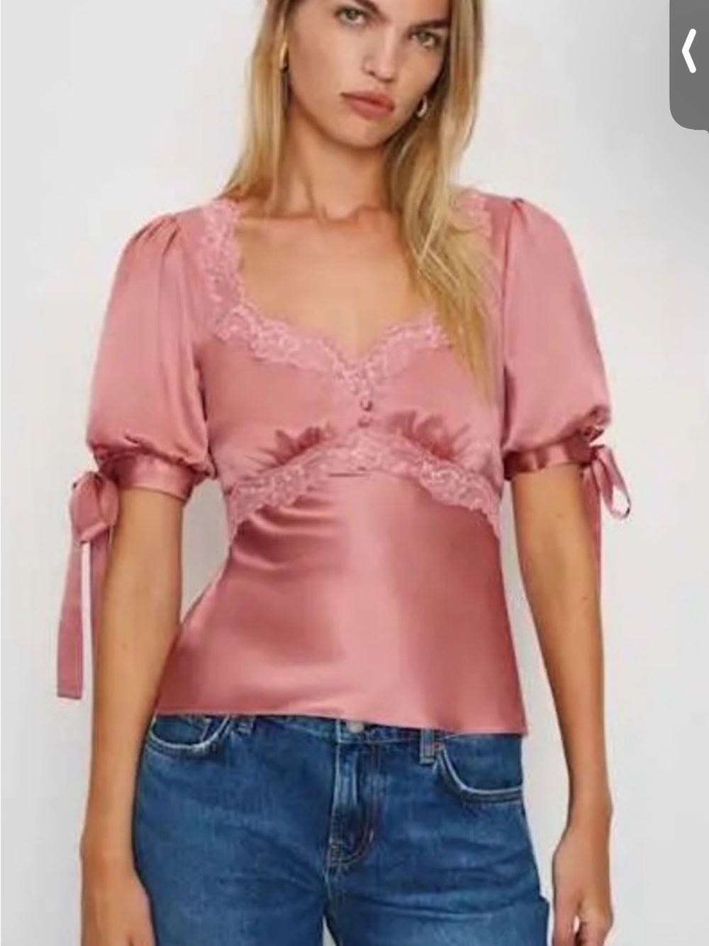 Reformation Dusty Rose Satin Lace-Trim Puff Sleeve Top